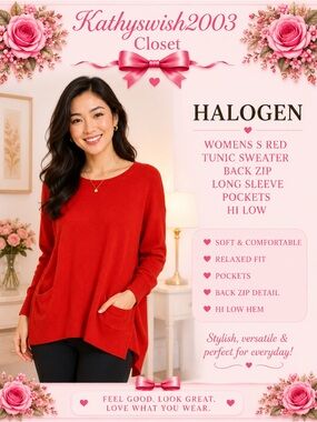Halogen Womens S Red Tunic Sweater Back Zip Long Sleeve Pockets Hi Low R…